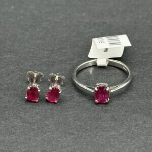 Natural Red Ruby Solitaire Ring & Earrings Set 925 Sterling Silver Women Size 8